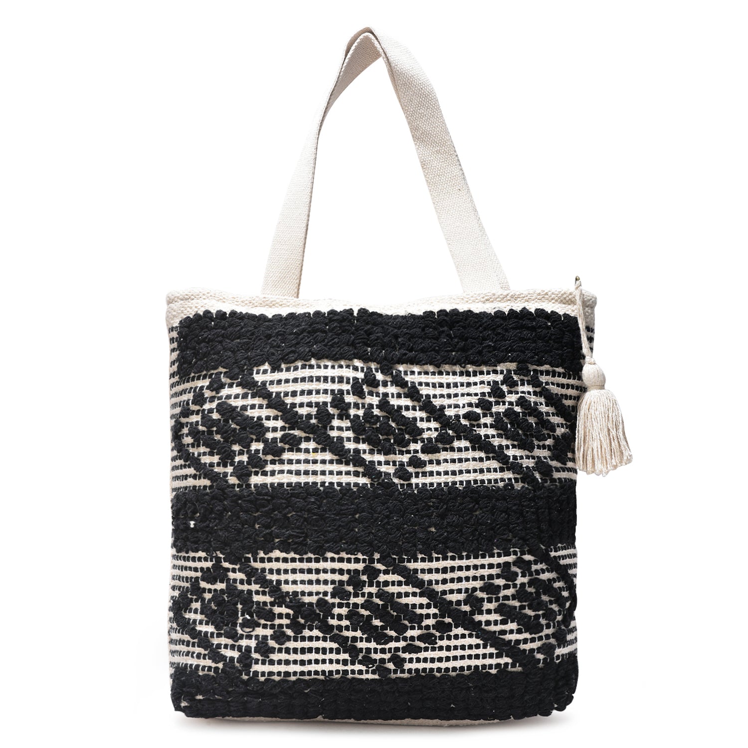Boho Chic Black & Natural Tribal Tufted Cotton Tote Bag with Tassel – Handwoven Eco-Friendly Shopper  LE-0413