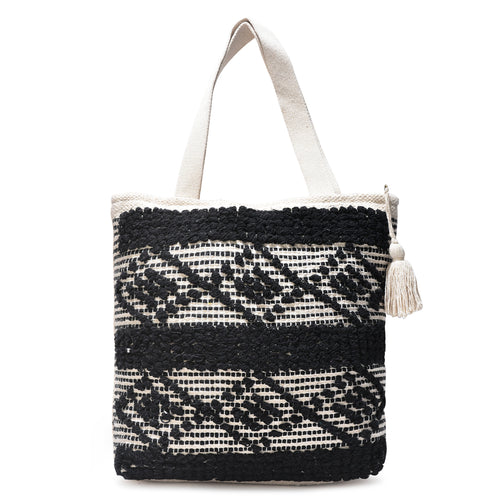 Boho Chic Black & Natural Tribal Tufted Cotton Tote Bag with Tassel – Handwoven Eco-Friendly Shopper  LE-0413