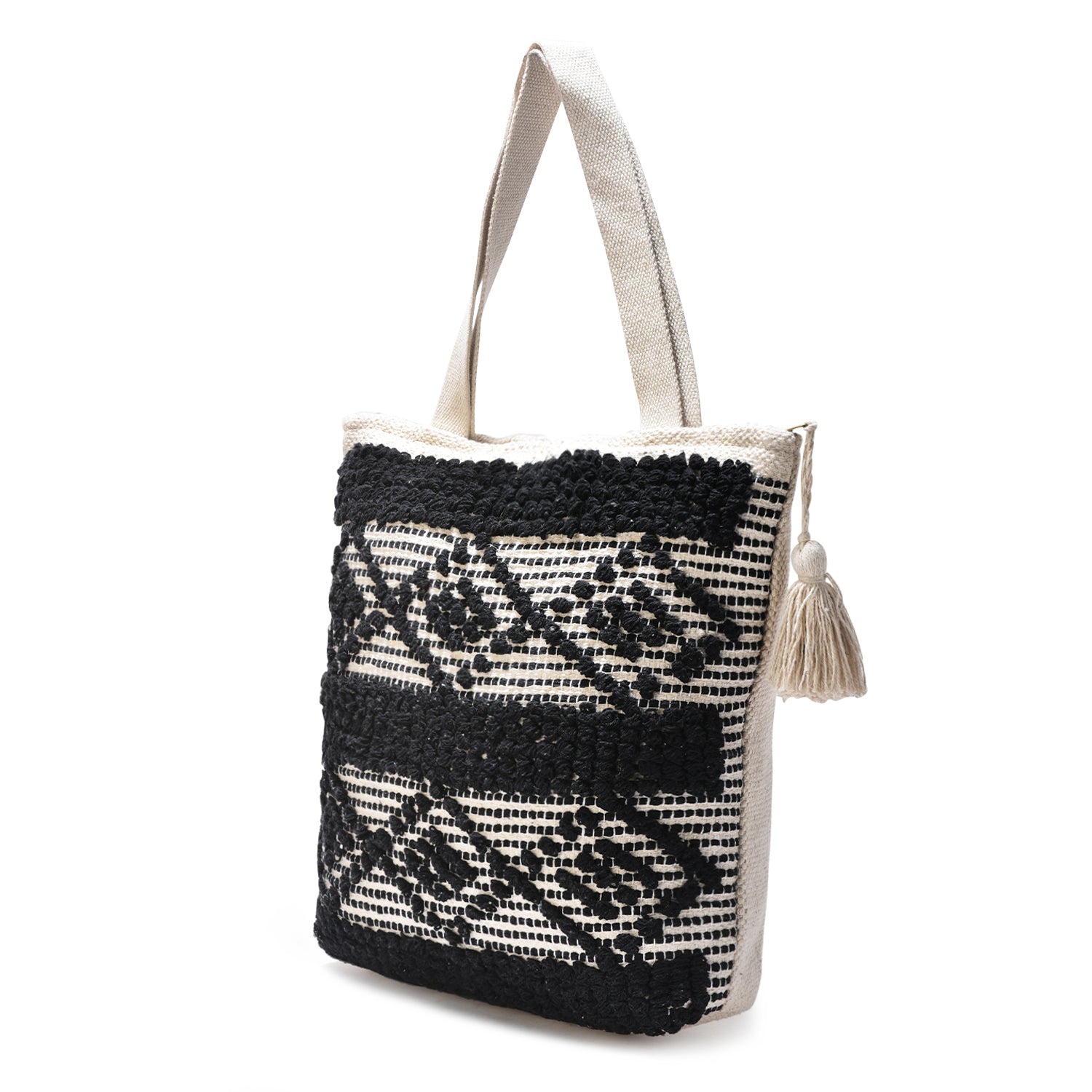 Boho Chic Black & Natural Tribal Tufted Cotton Tote Bag with Tassel – Handwoven Eco-Friendly Shopper  LE-0413