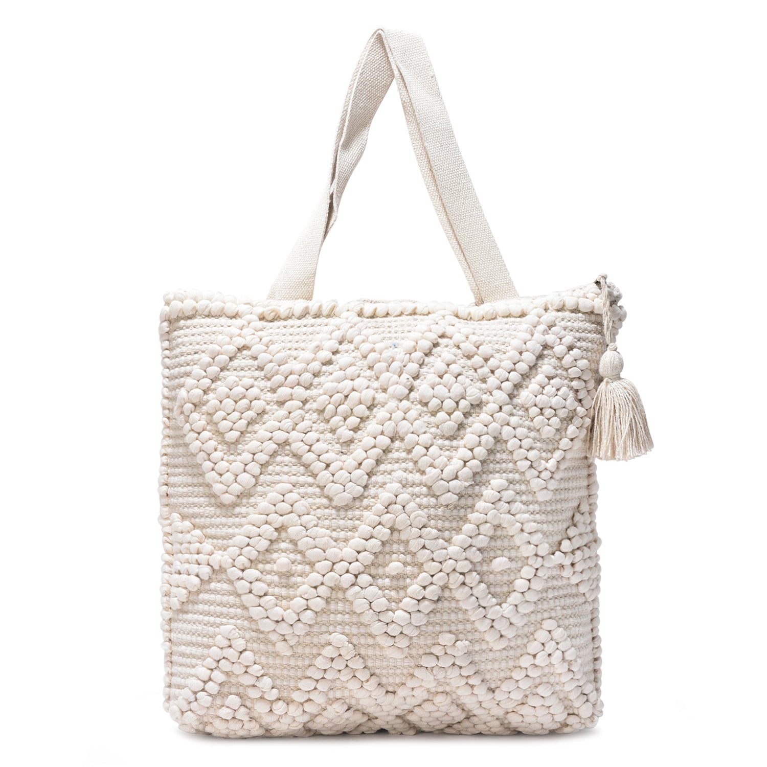 Cotton Boho Tote Bag with Pom-Pom Weave and Tassel, Large 40x35 cm, Beige White, Handmade Shoulder Bag