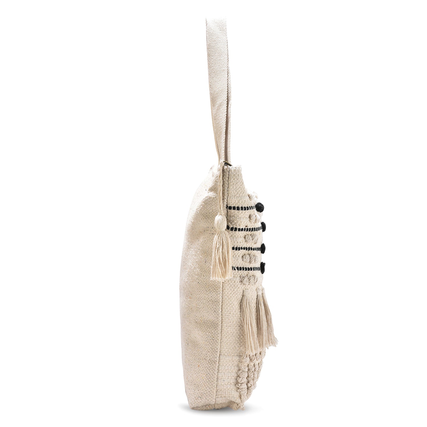 Handwoven Boho Tote Bag with Tassels – Cream & Black