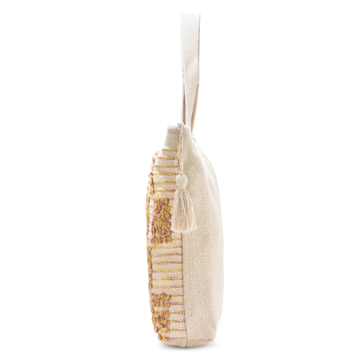 Boho Checkered Tufted Cotton Tote Bag – Yellow & Pink Textured Pattern with Tassel  LE-0411