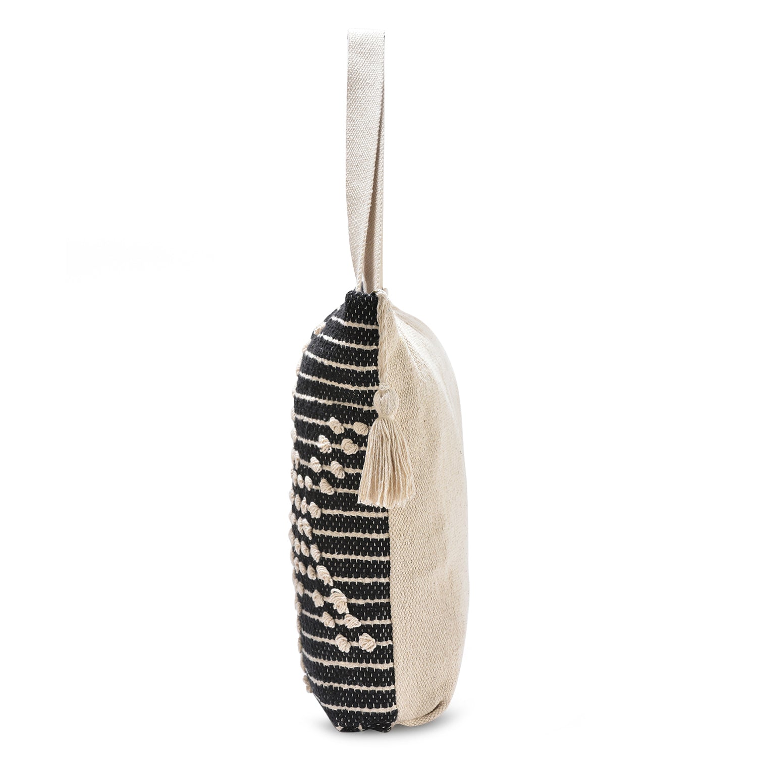 LoomEarth Boho Handwoven Cotton Tote Bag – Black & White Geometric Pattern with Tassel  LE-0410