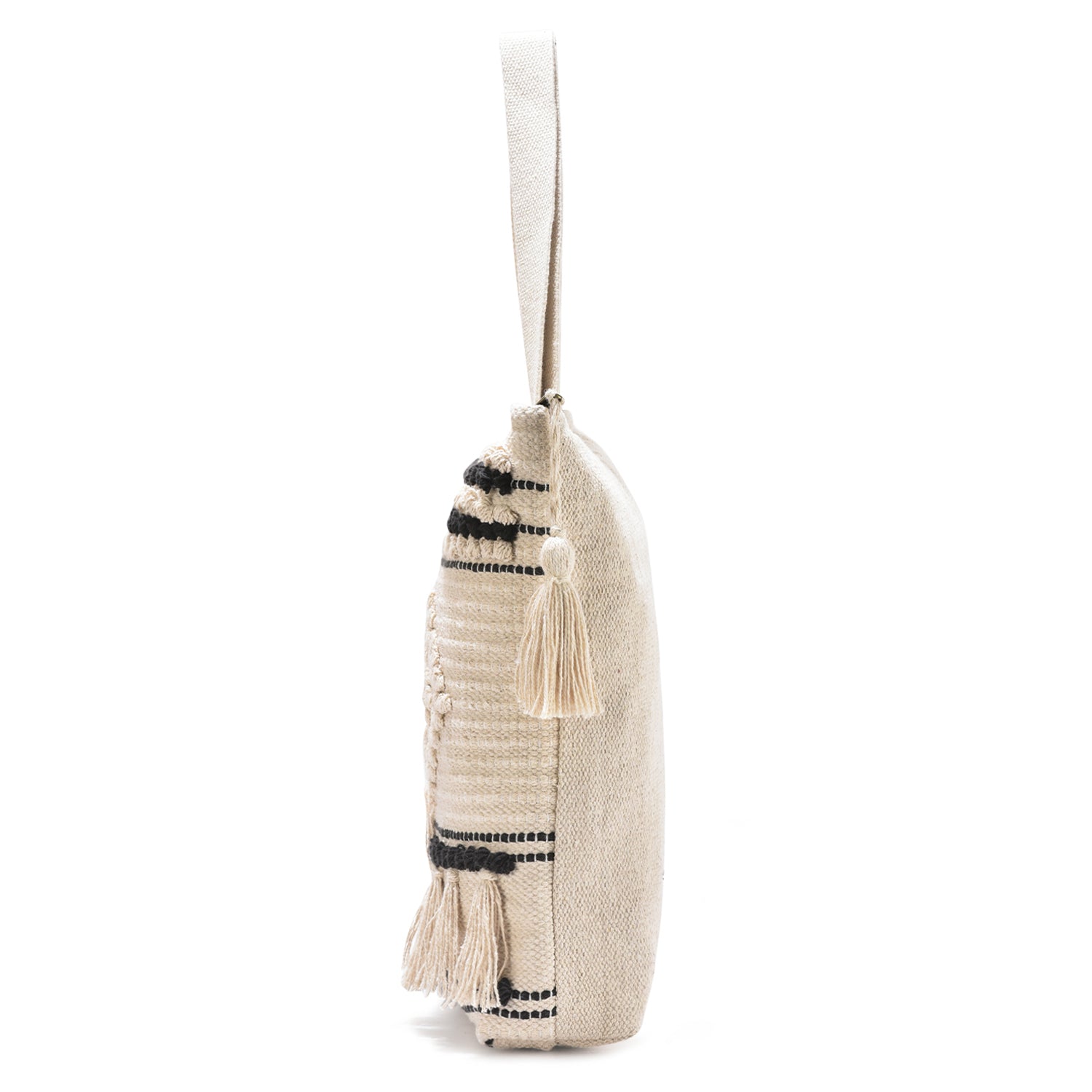 Beige & Black Boho Tote Bag for Women – Handwoven Cotton Shoulder Bag with Tassels & Diamond Embroidery | Ethnic Textured Pattern | Eco-Friendly Beach, College & Casual Use