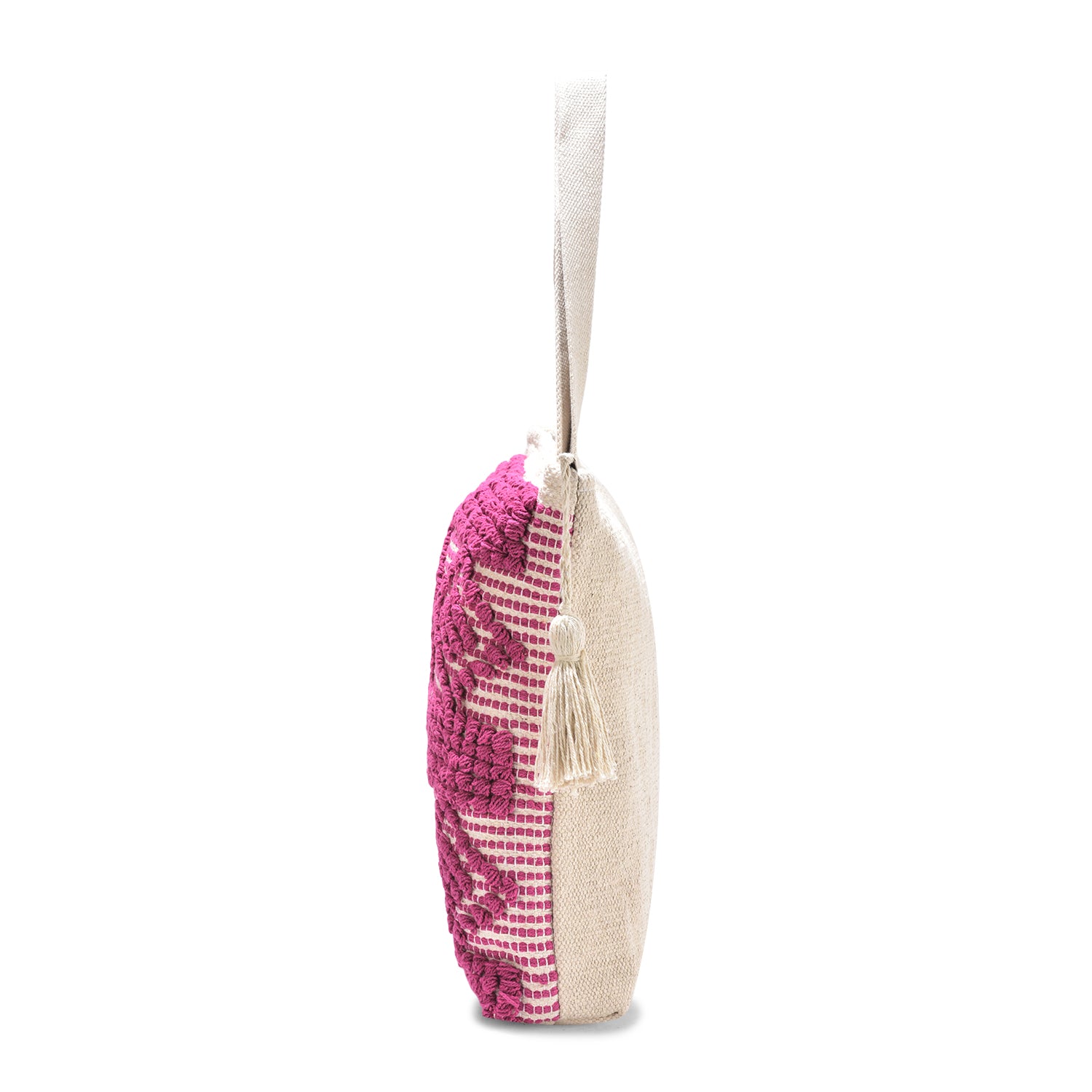 LoomEarth Pink Geometric Boho Tote Bag | Handcrafted Ethnic Shoulder Tote Bag with Tassel