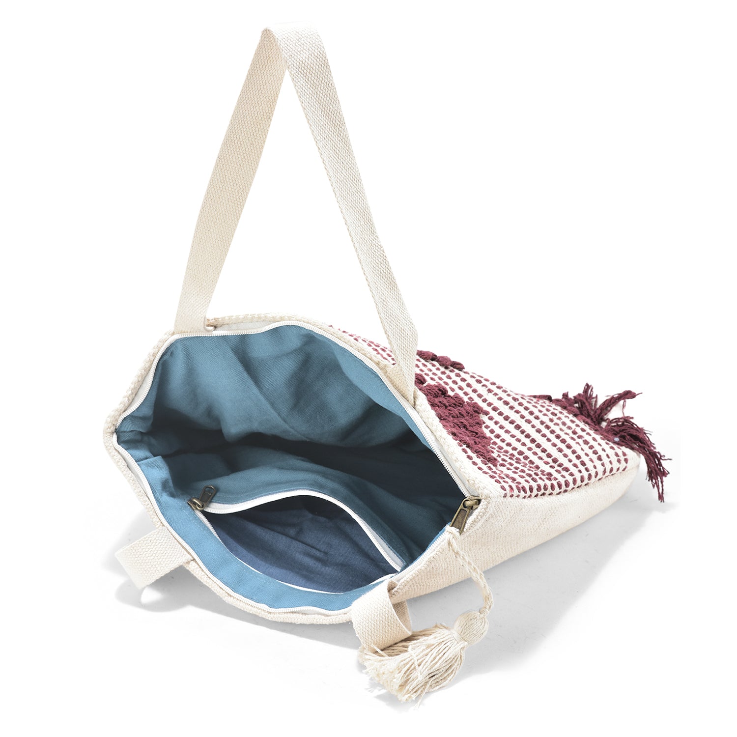 LoomEarth Boho Tote Bag for Women | Handcrafted Cotton Shoulder Bag with Maroon Heart Design & Tassels | Stylish Ethnic Sling Bag for Casual, Office, Shopping & Travel Use For Womens