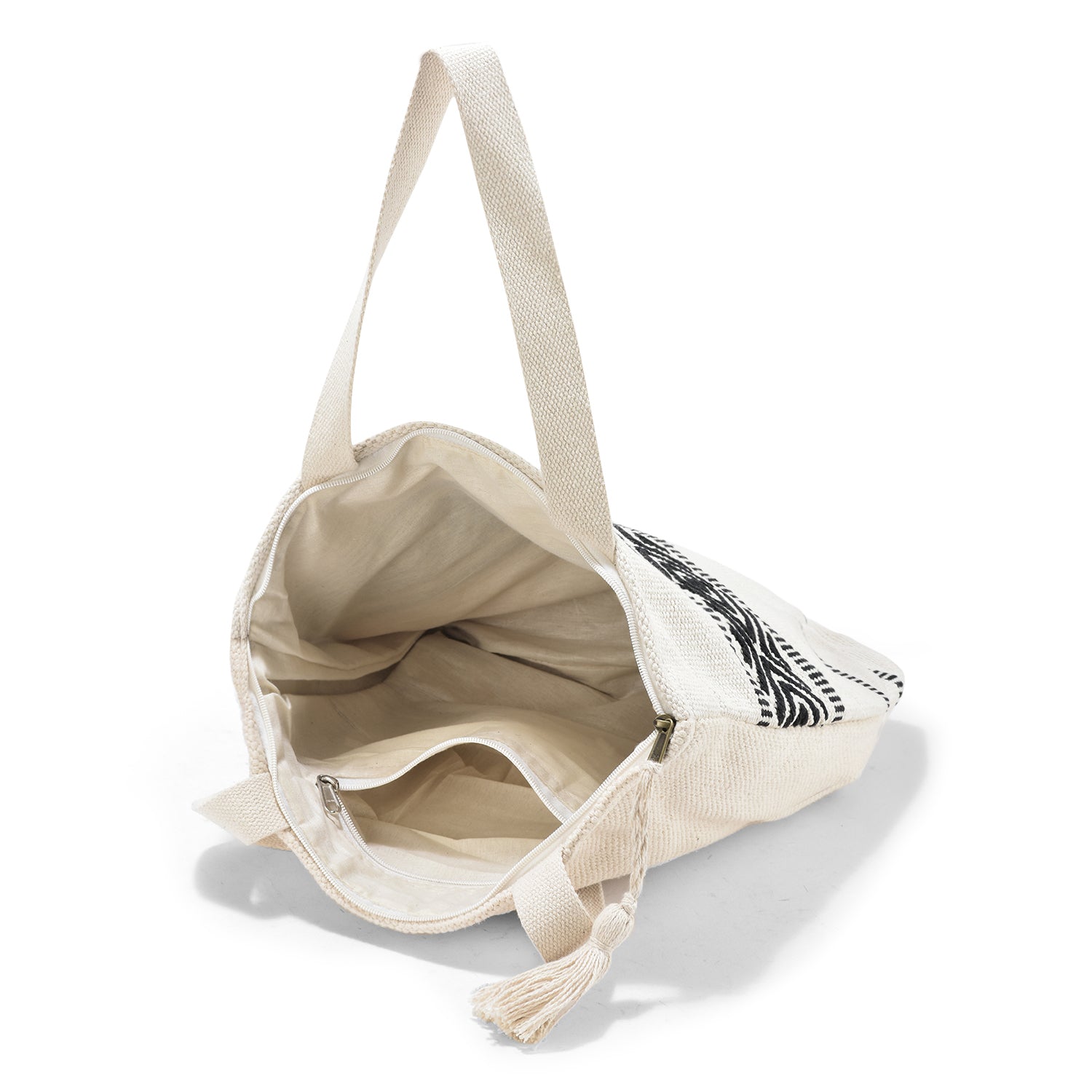 Handcrafted Cotton Tote Bag with Black Geometric Pattern & Tassel – Boho Chic Style  LE -0408
