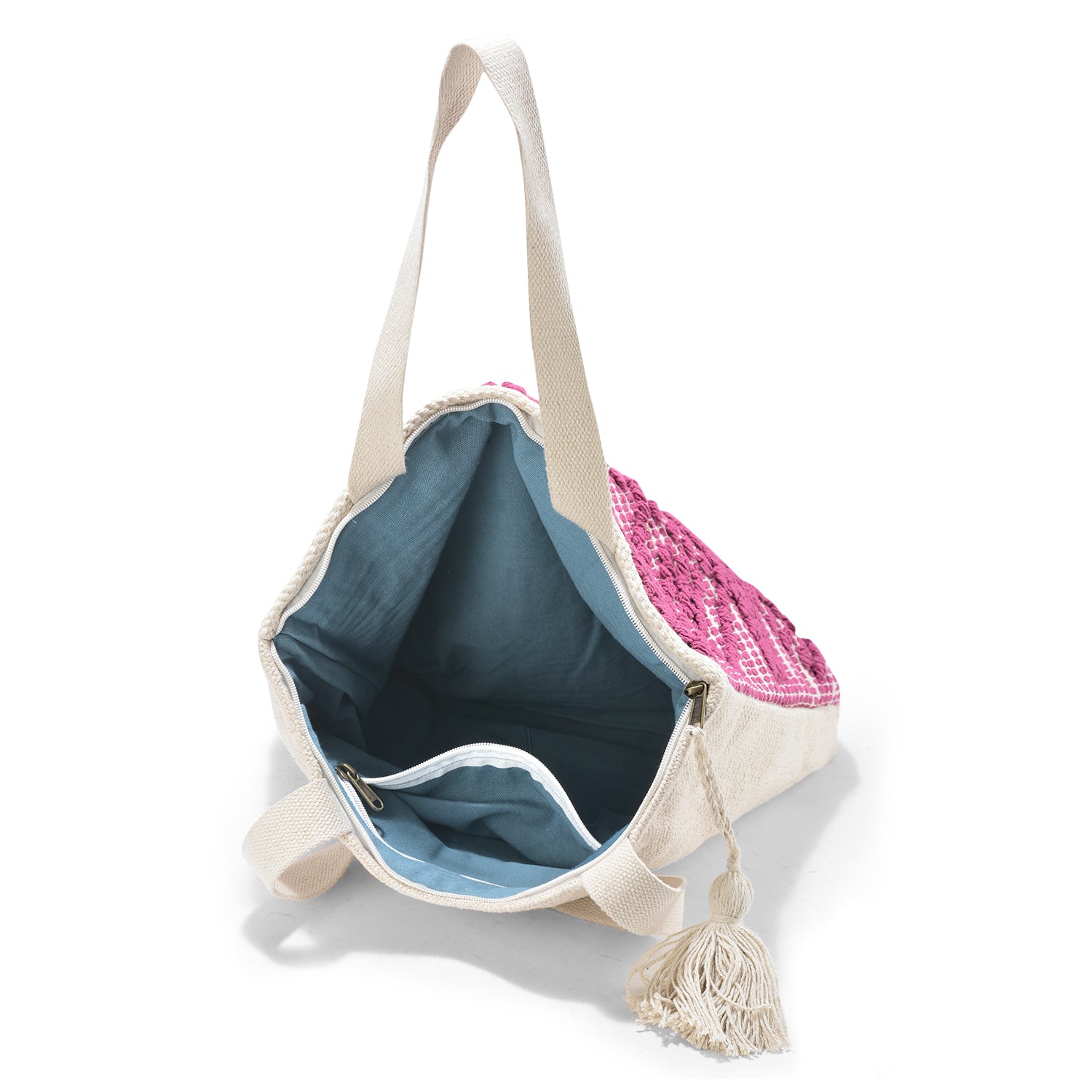 LoomEarth Pink Geometric Boho Tote Bag | Handcrafted Ethnic Shoulder Tote Bag with Tassel