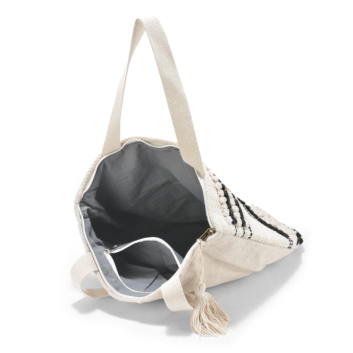 Beige & Black Boho Tote Bag for Women – Handwoven Cotton Shoulder Bag with Tassels & Diamond Embroidery | Ethnic Textured Pattern | Eco-Friendly Beach, College & Casual Use