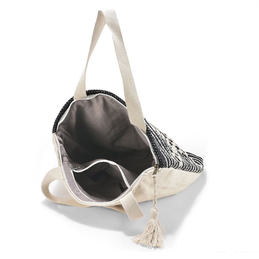 LoomEarth Boho Handwoven Cotton Tote Bag – Black & White Geometric Pattern with Tassel  LE-0410