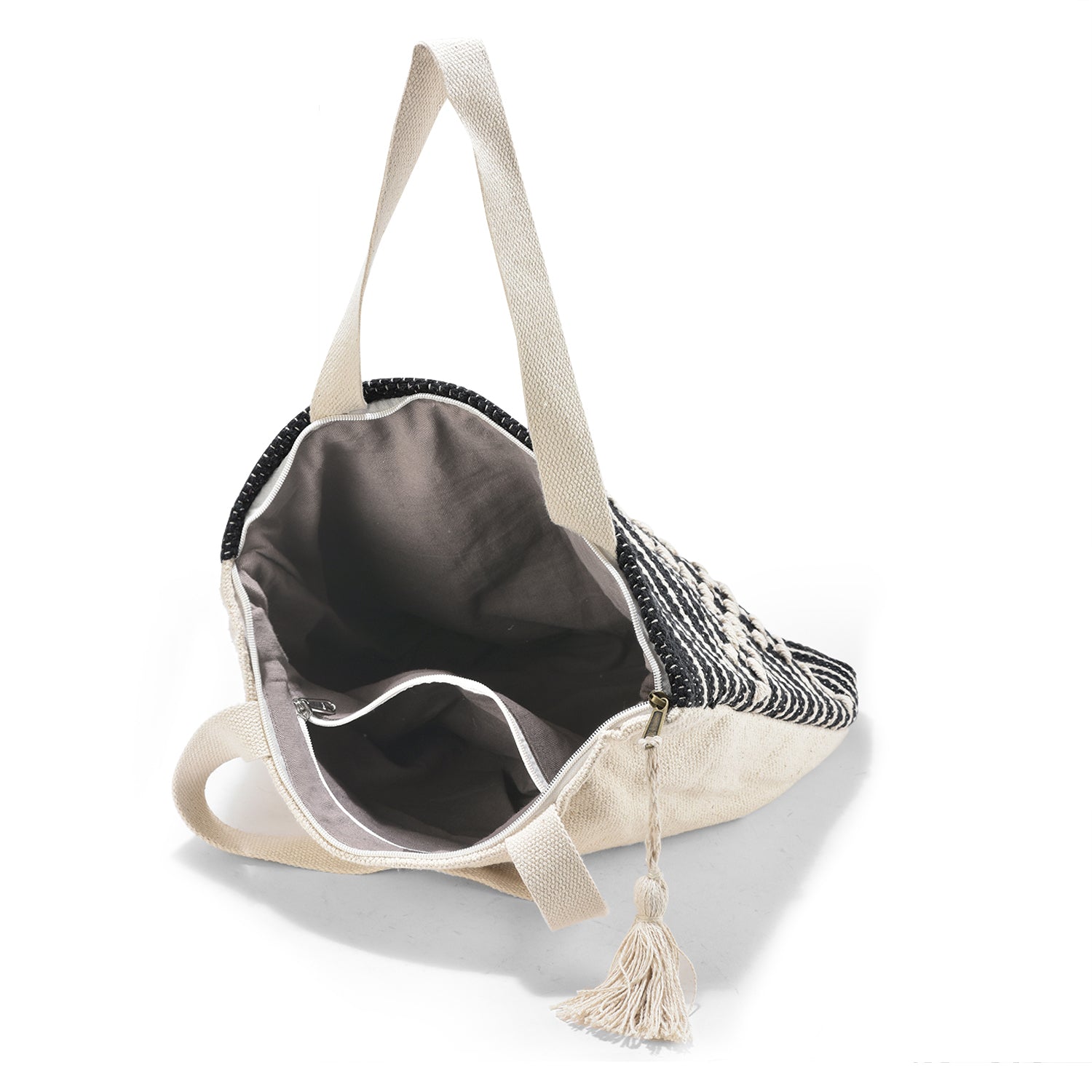 LoomEarth Boho Handwoven Cotton Tote Bag – Black & White Geometric Pattern with Tassel  LE-0410