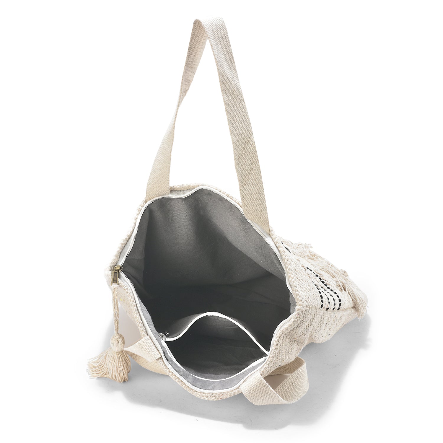 Handwoven Boho Tote Bag with Tassels – Cream & Black