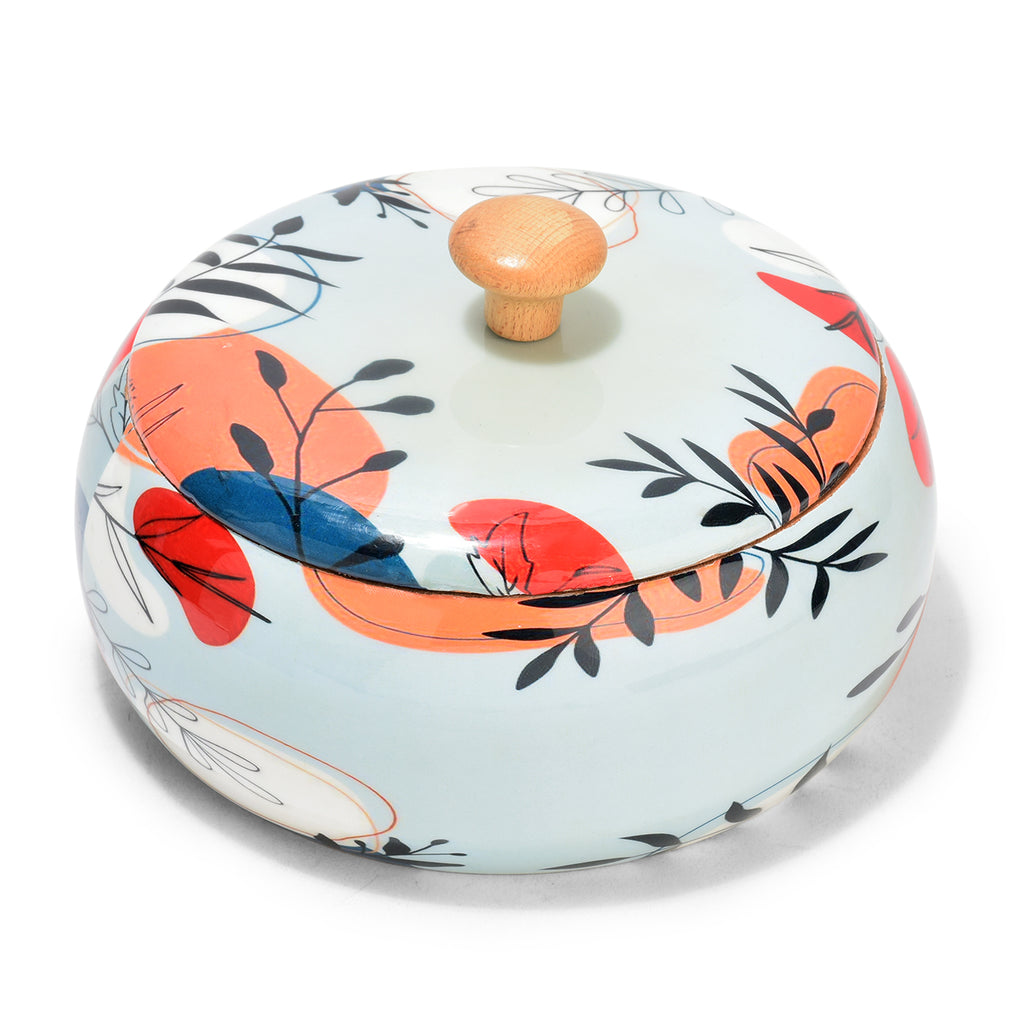 Handcrafted Wooden Chapati Box with Floral Print – 8 x 4 Inch, Multipurpose Storage Round Hot Pot, Roti Dabba With Lid | Casserole For Dining