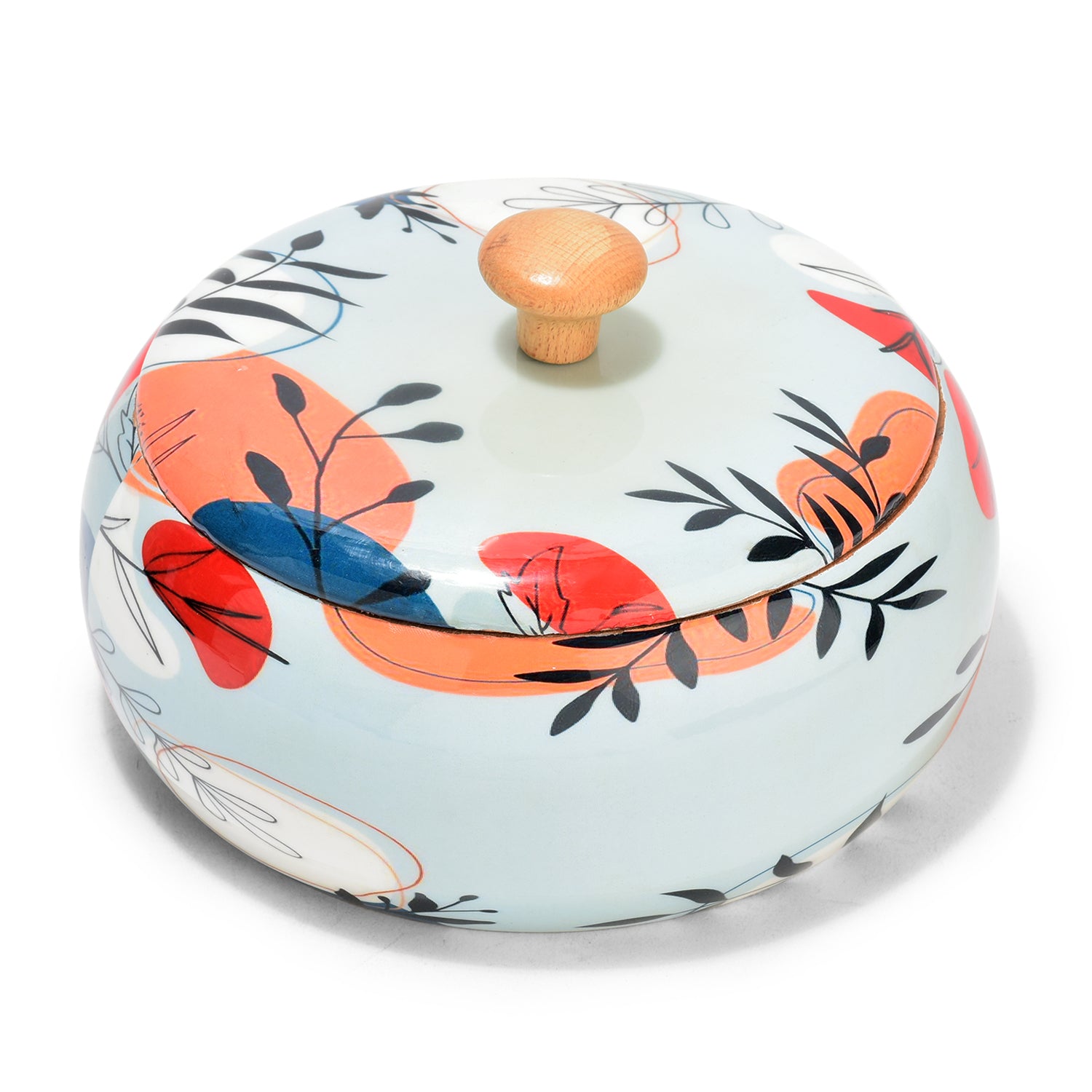 Handcrafted Wooden Chapati Box with Floral Print – 8 x 4 Inch, Multipurpose Storage Round Hot Pot, Roti Dabba With Lid | Casserole For Dining