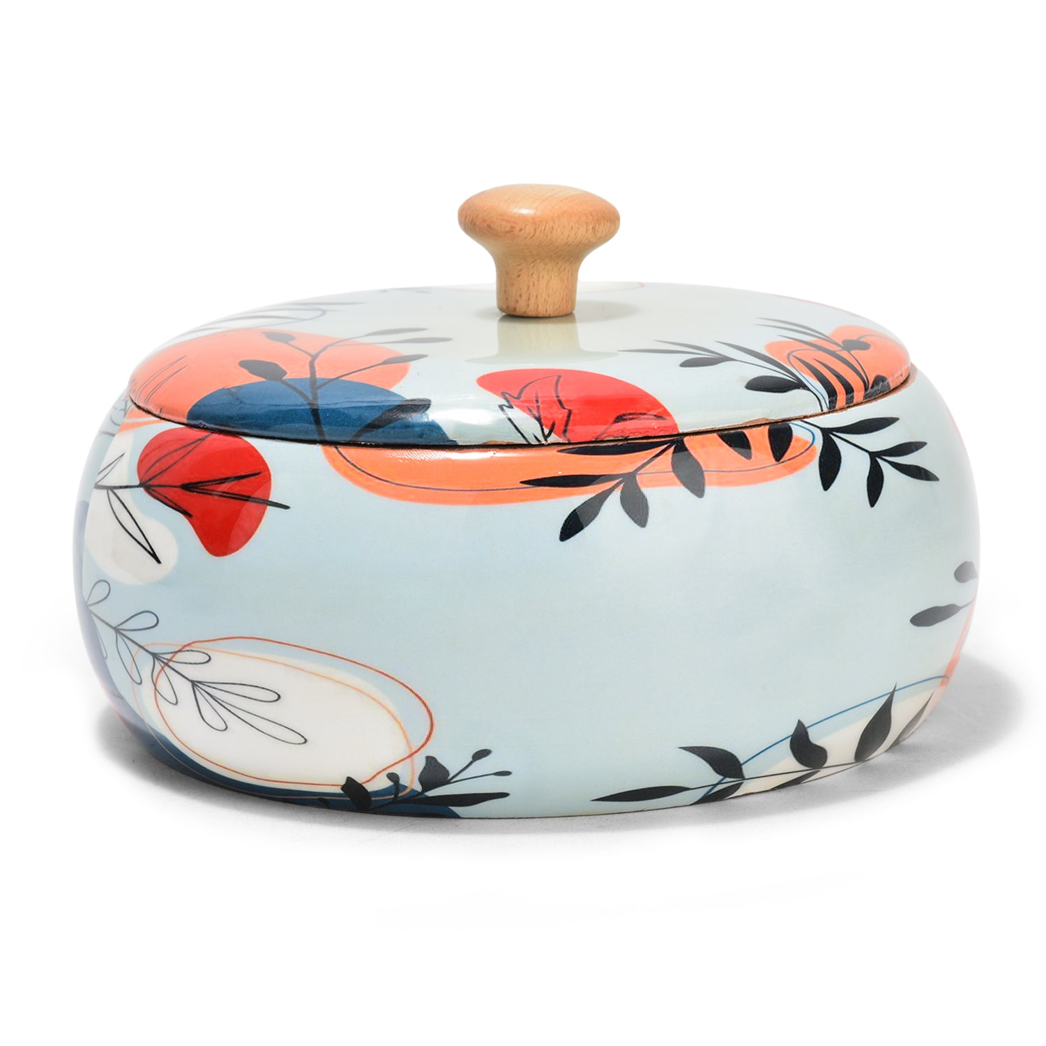 Handcrafted Wooden Chapati Box with Floral Print – 8 x 4 Inch, Multipurpose Storage Round Hot Pot, Roti Dabba With Lid | Casserole For Dining