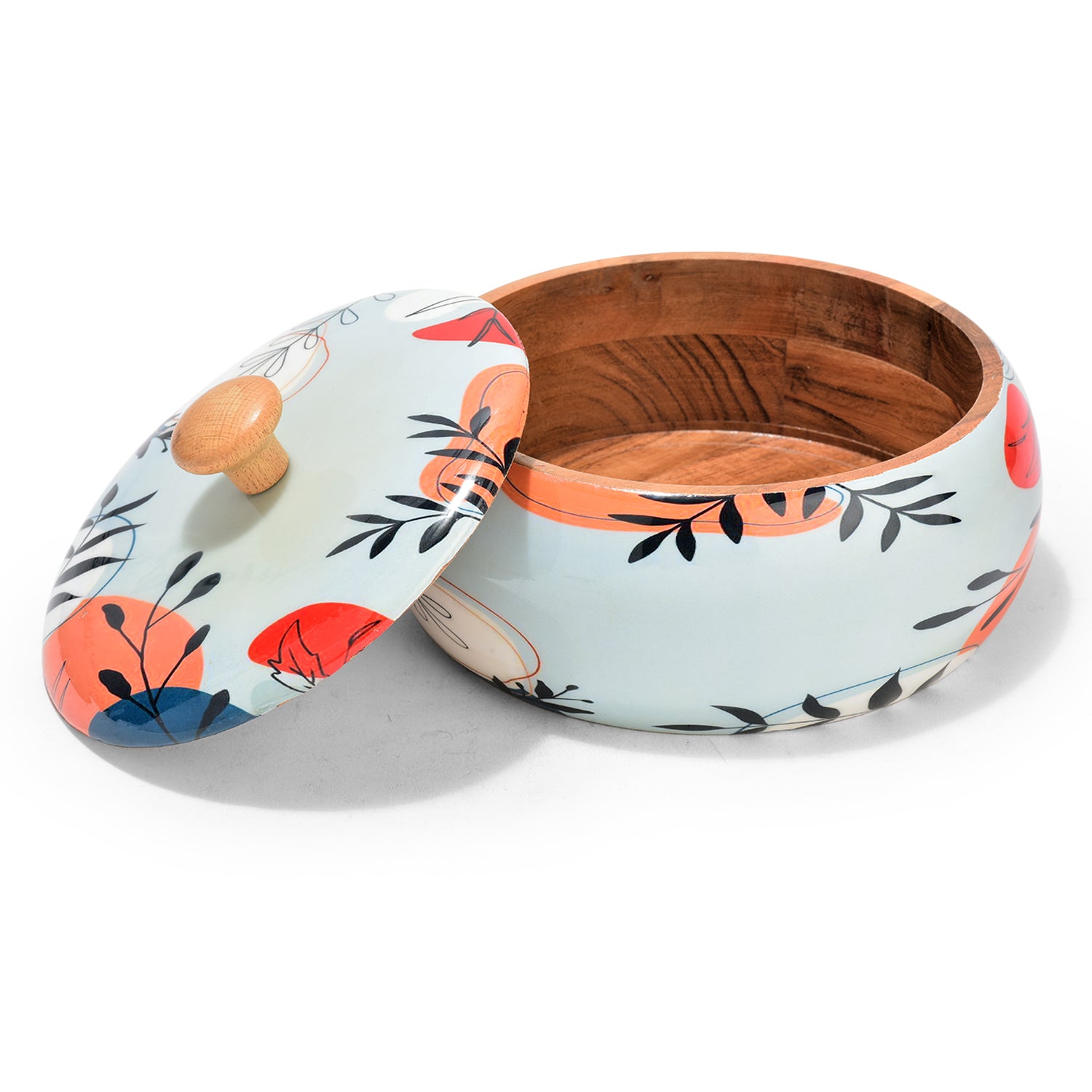 Handcrafted Wooden Chapati Box with Floral Print – 8 x 4 Inch, Multipurpose Storage Round Hot Pot, Roti Dabba With Lid | Casserole For Dining