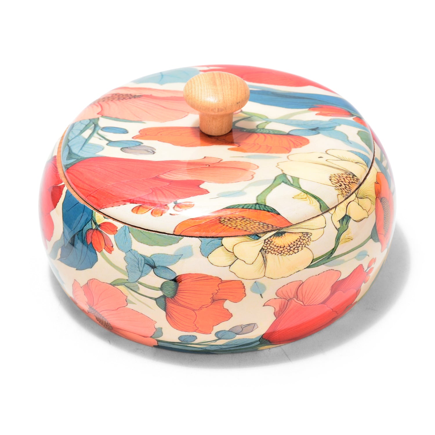 Handcrafted Wooden Chapati Box with Floral Print – 8 x 4 Inch, Multipurpose Storage Round Hot Pot, Roti Dabba With Lid | Casserole For Dining