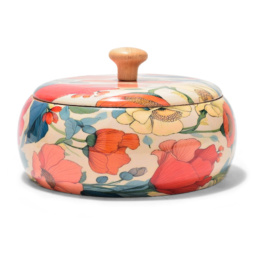 Handcrafted Wooden Chapati Box with Floral Print – 8 x 4 Inch, Multipurpose Storage Round Hot Pot, Roti Dabba With Lid | Casserole For Dining