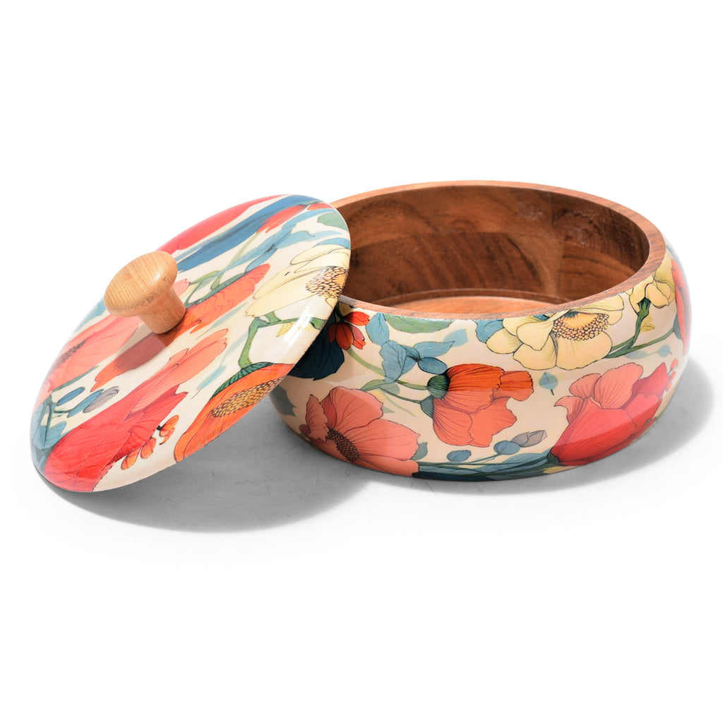 Handcrafted Wooden Chapati Box with Floral Print – 8 x 4 Inch, Multipurpose Storage Round Hot Pot, Roti Dabba With Lid | Casserole For Dining