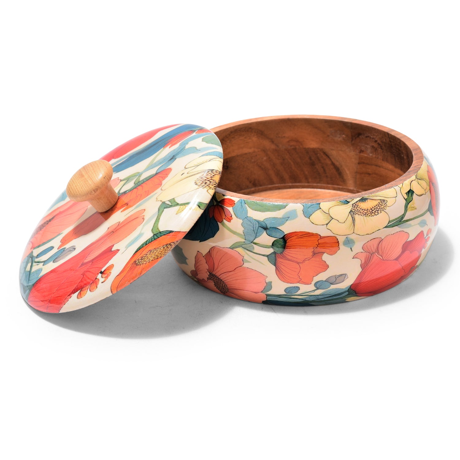 Handcrafted Wooden Chapati Box with Floral Print – 8 x 4 Inch, Multipurpose Storage Round Hot Pot, Roti Dabba With Lid | Casserole For Dining