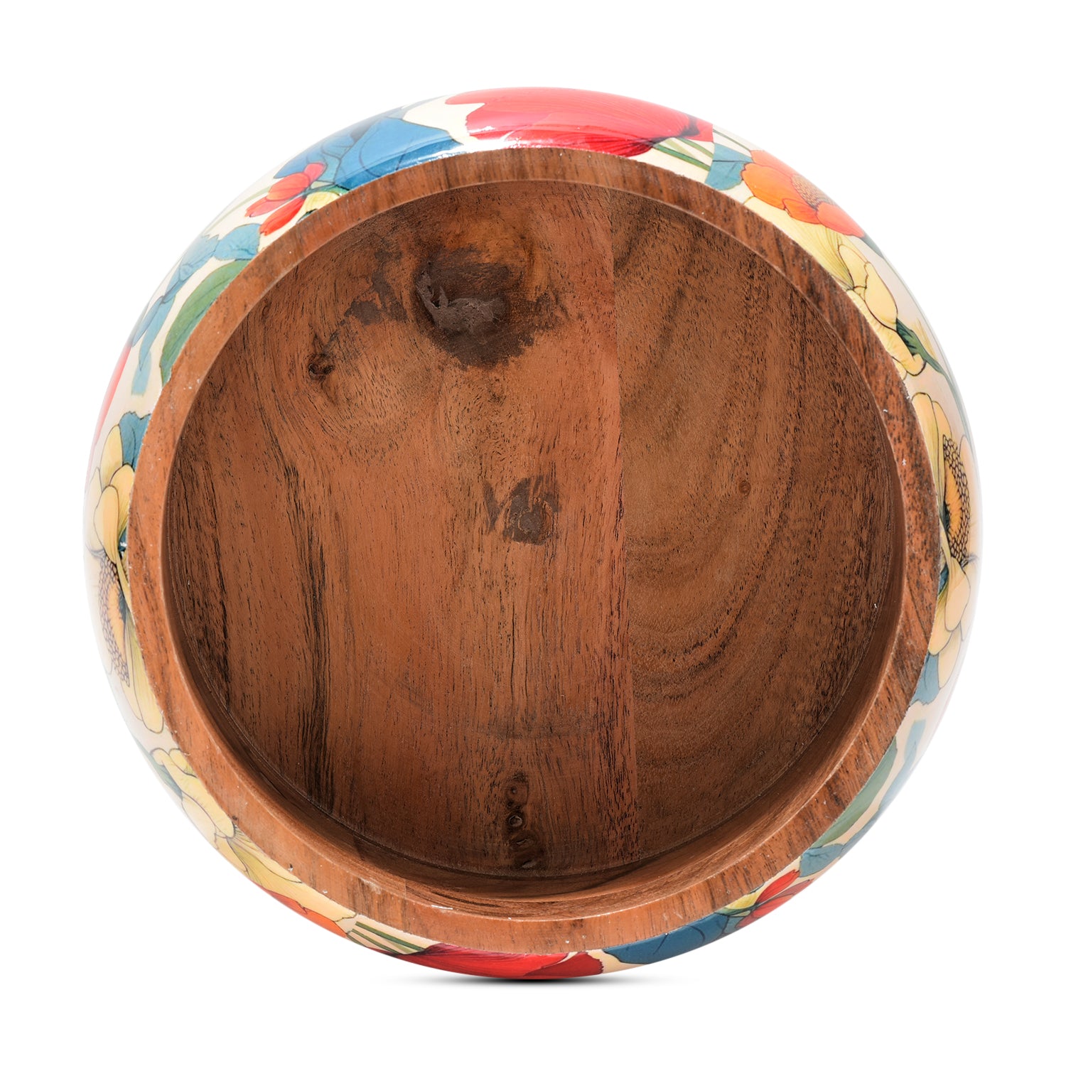 Handcrafted Wooden Chapati Box with Floral Print – 8 x 4 Inch, Multipurpose Storage Round Hot Pot, Roti Dabba With Lid | Casserole For Dining