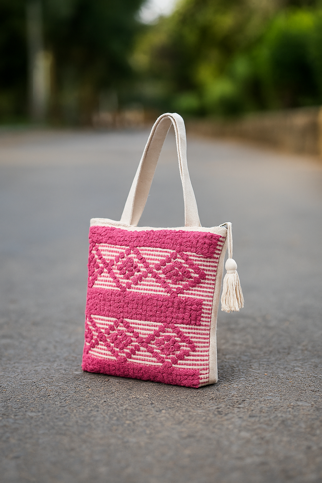 LoomEarth Pink Geometric Boho Tote Bag | Handcrafted Ethnic Shoulder Tote Bag with Tassel