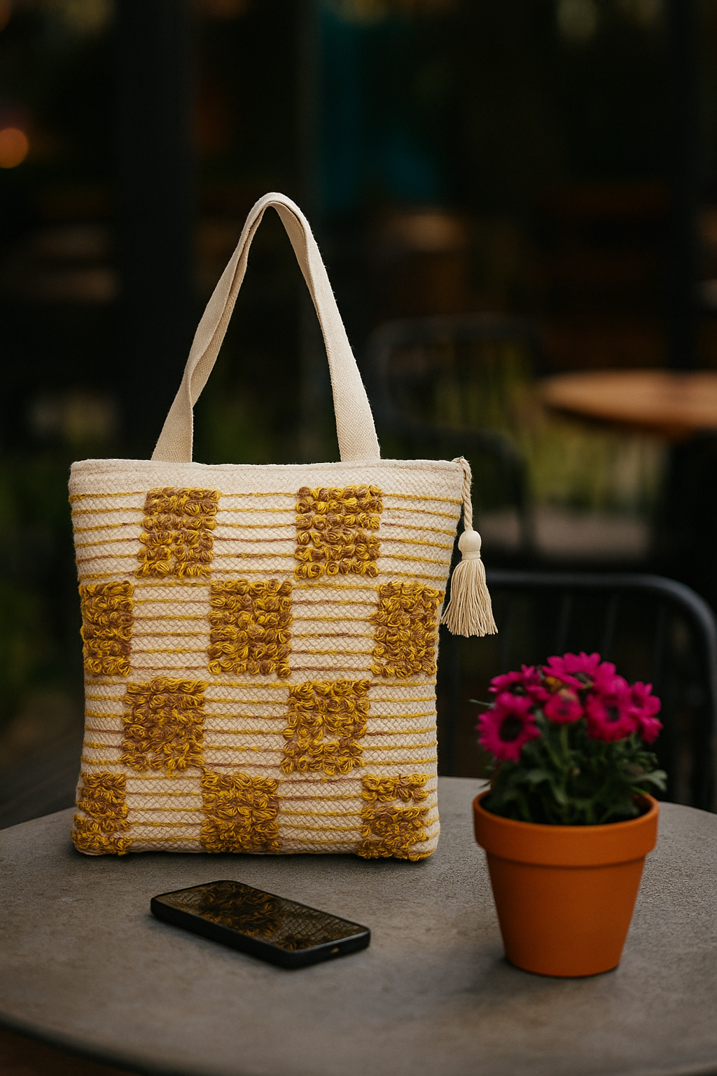 Boho Checkered Tufted Cotton Tote Bag – Yellow & Pink Textured Pattern with Tassel  LE-0411