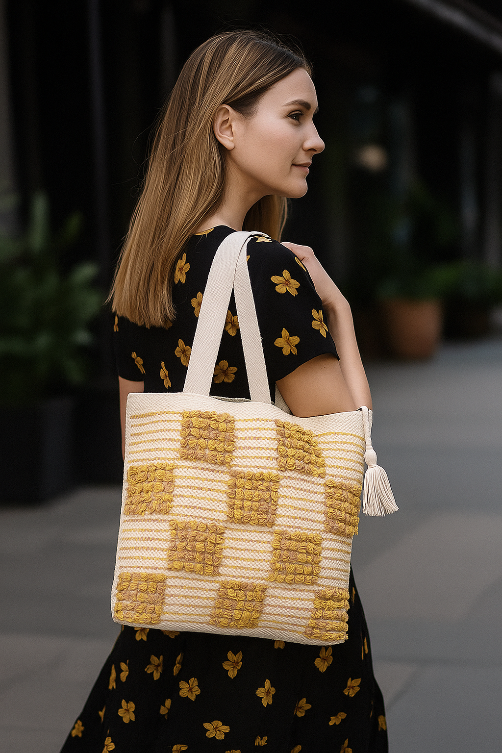 Boho Checkered Tufted Cotton Tote Bag – Yellow & Pink Textured Pattern with Tassel  LE-0411