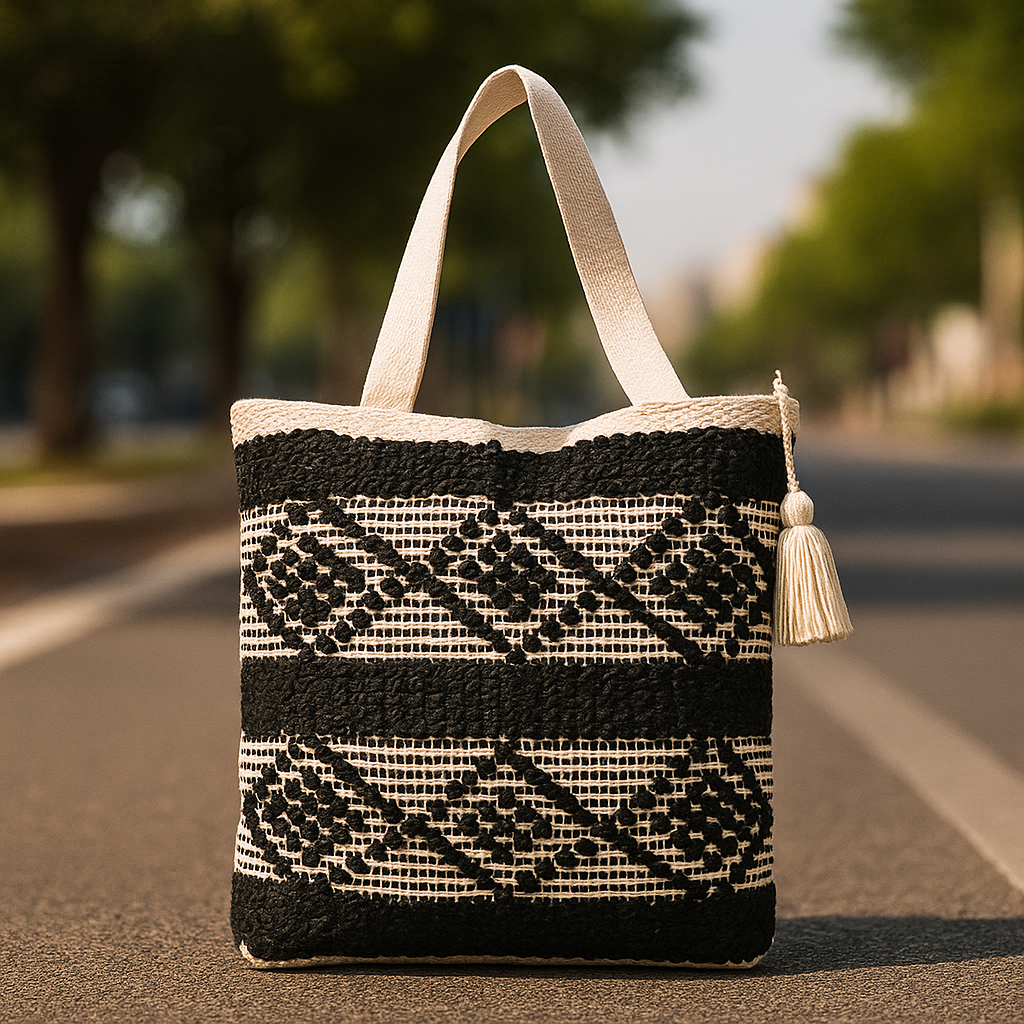 Boho Chic Black & Natural Tribal Tufted Cotton Tote Bag with Tassel – Handwoven Eco-Friendly Shopper  LE-0413