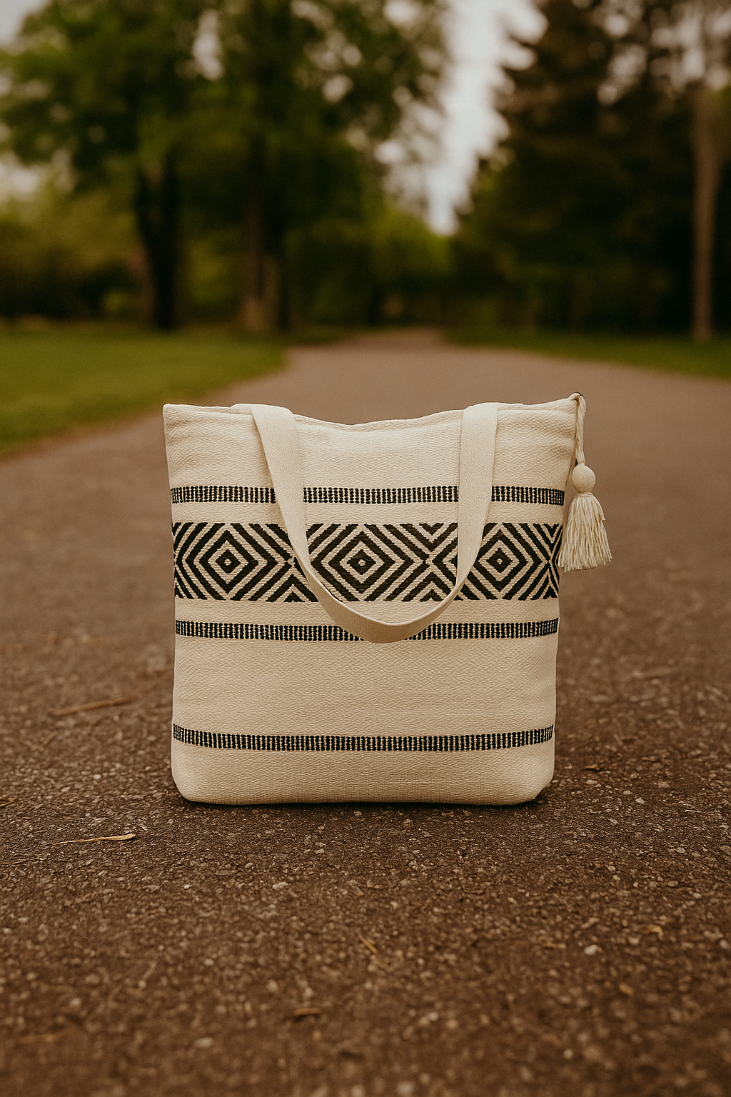 Handcrafted Cotton Tote Bag with Black Geometric Pattern & Tassel – Boho Chic Style  LE -0408
