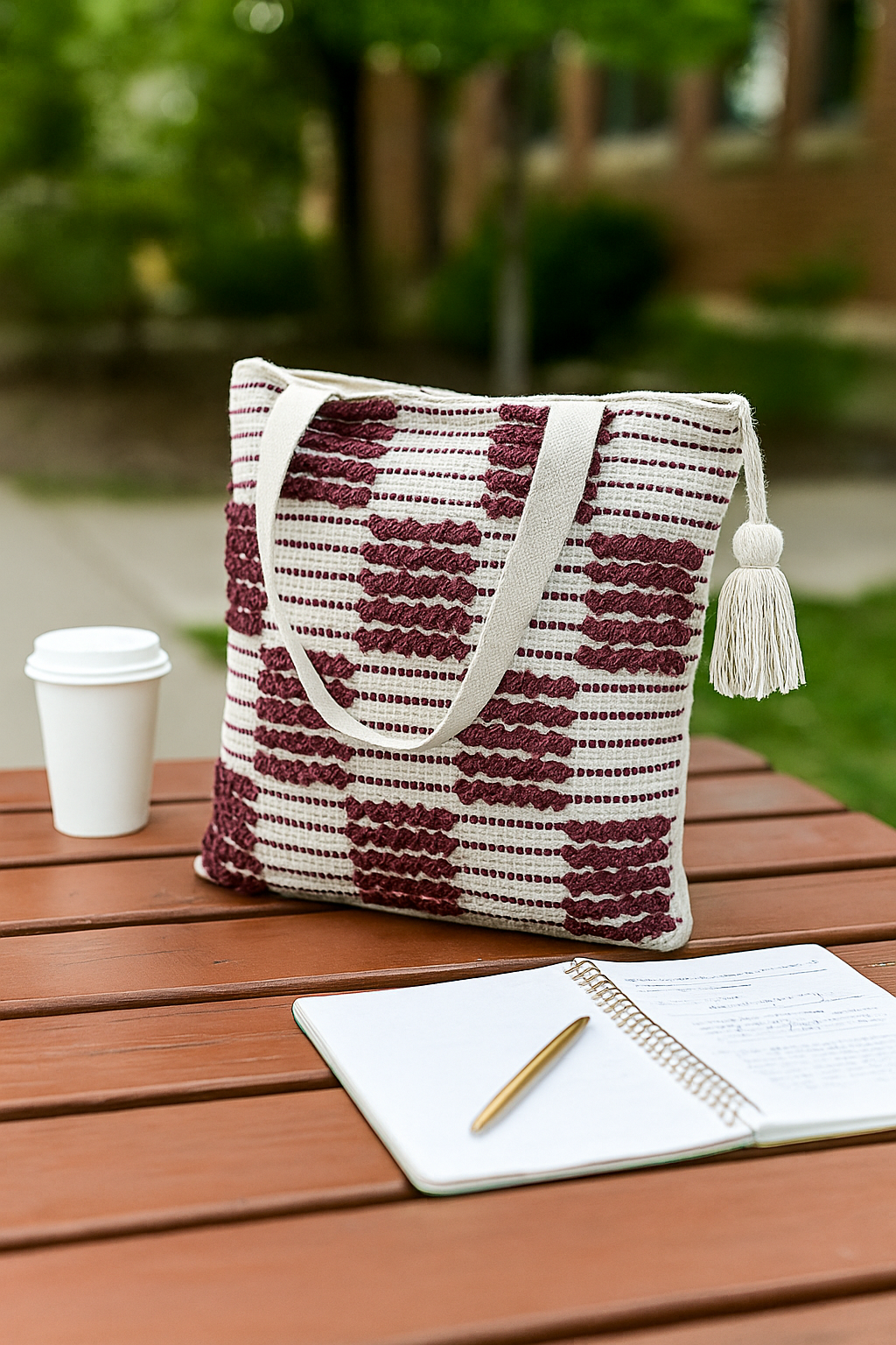 Boho Handwoven Cotton Tote Bag with Maroon Checkered Design & Tassel