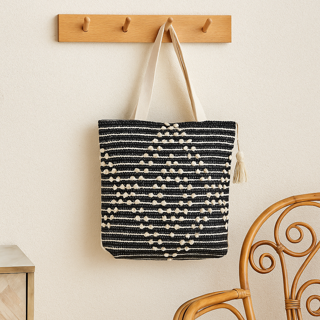 LoomEarth Boho Handwoven Cotton Tote Bag – Black & White Geometric Pattern with Tassel  LE-0410