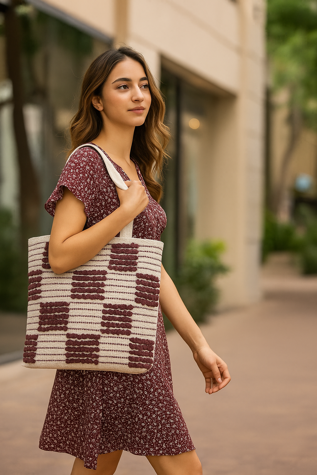 Boho Handwoven Cotton Tote Bag with Maroon Checkered Design & Tassel