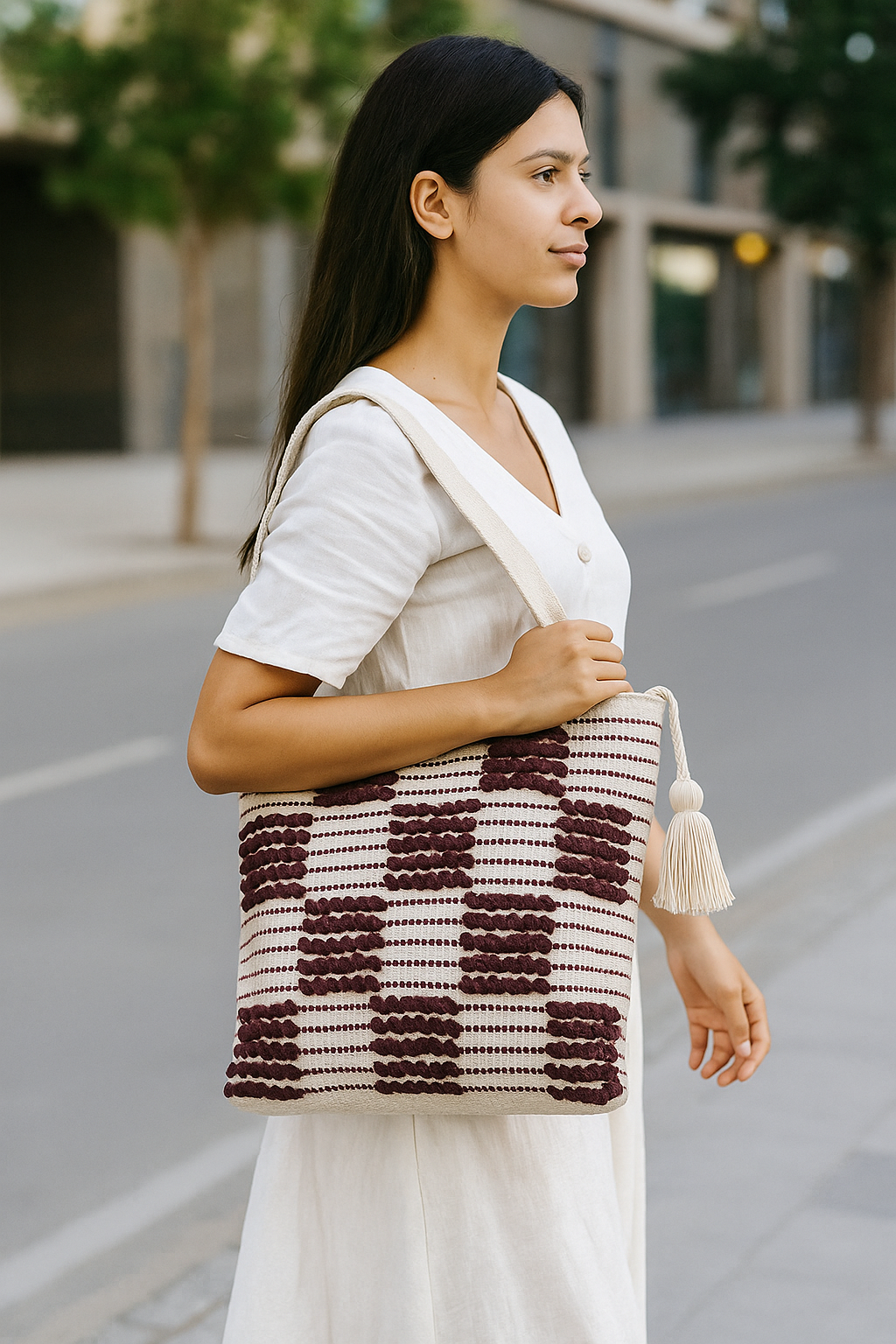 Boho Handwoven Cotton Tote Bag with Maroon Checkered Design & Tassel