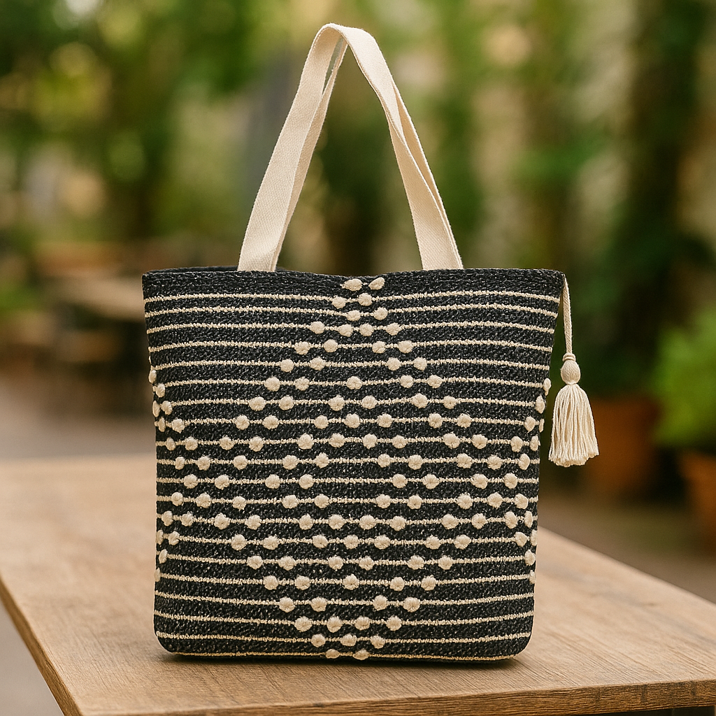 LoomEarth Boho Handwoven Cotton Tote Bag – Black & White Geometric Pattern with Tassel  LE-0410