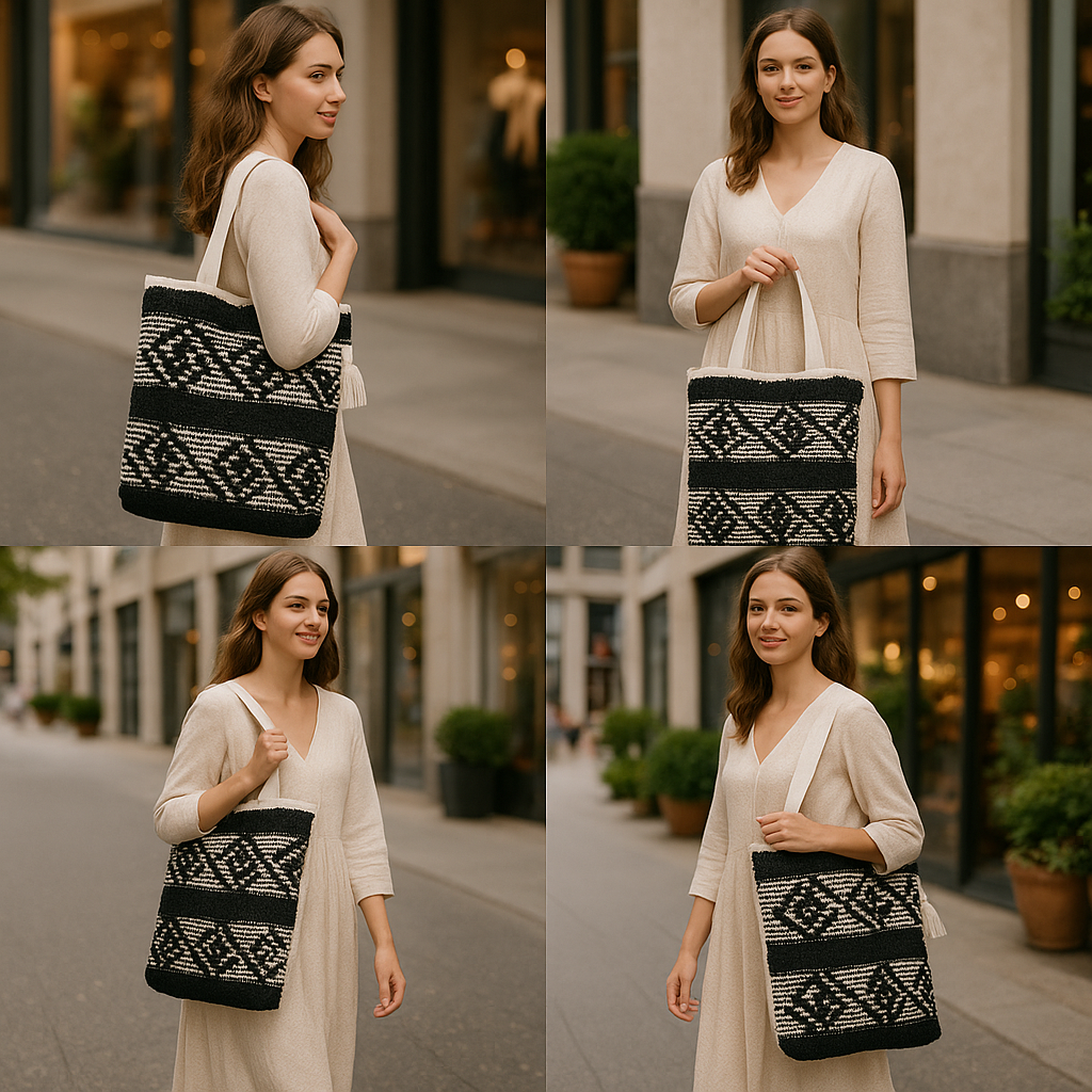 Boho Chic Black & Natural Tribal Tufted Cotton Tote Bag with Tassel – Handwoven Eco-Friendly Shopper  LE-0413