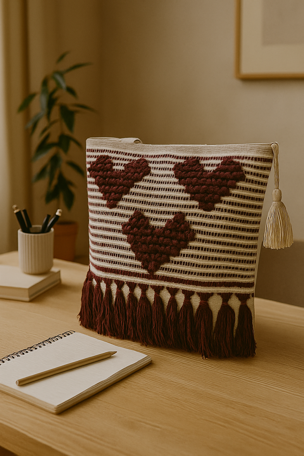 LoomEarth Boho Tote Bag for Women | Handcrafted Cotton Shoulder Bag with Maroon Heart Design & Tassels | Stylish Ethnic Sling Bag for Casual, Office, Shopping & Travel Use For Womens