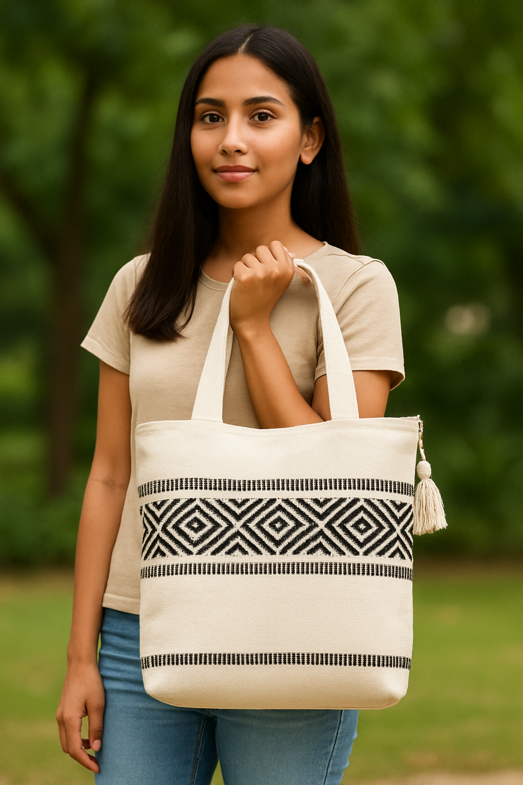 Handcrafted Cotton Tote Bag with Black Geometric Pattern & Tassel – Boho Chic Style  LE -0408