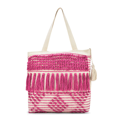 Boho Cotton Canvas Tote Bag with Pink Fringe Tassel Design, Cotton Beach Bag with Zip Closure, Cream and Pink