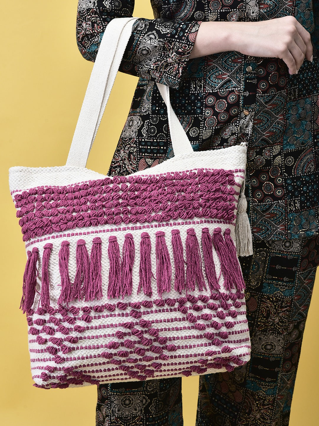 Boho Cotton Canvas Tote Bag with Pink Fringe Tassel Design, Cotton Beach Bag with Zip Closure, Cream and Pink
