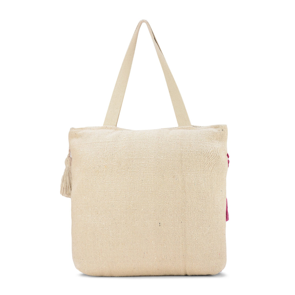 Boho Cotton Canvas Tote Bag with Pink Fringe Tassel Design, Cotton Beach Bag with Zip Closure, Cream and Pink