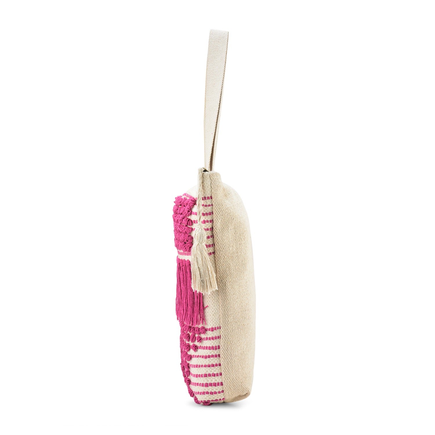 Boho Cotton Canvas Tote Bag with Pink Fringe Tassel Design, Cotton Beach Bag with Zip Closure, Cream and Pink