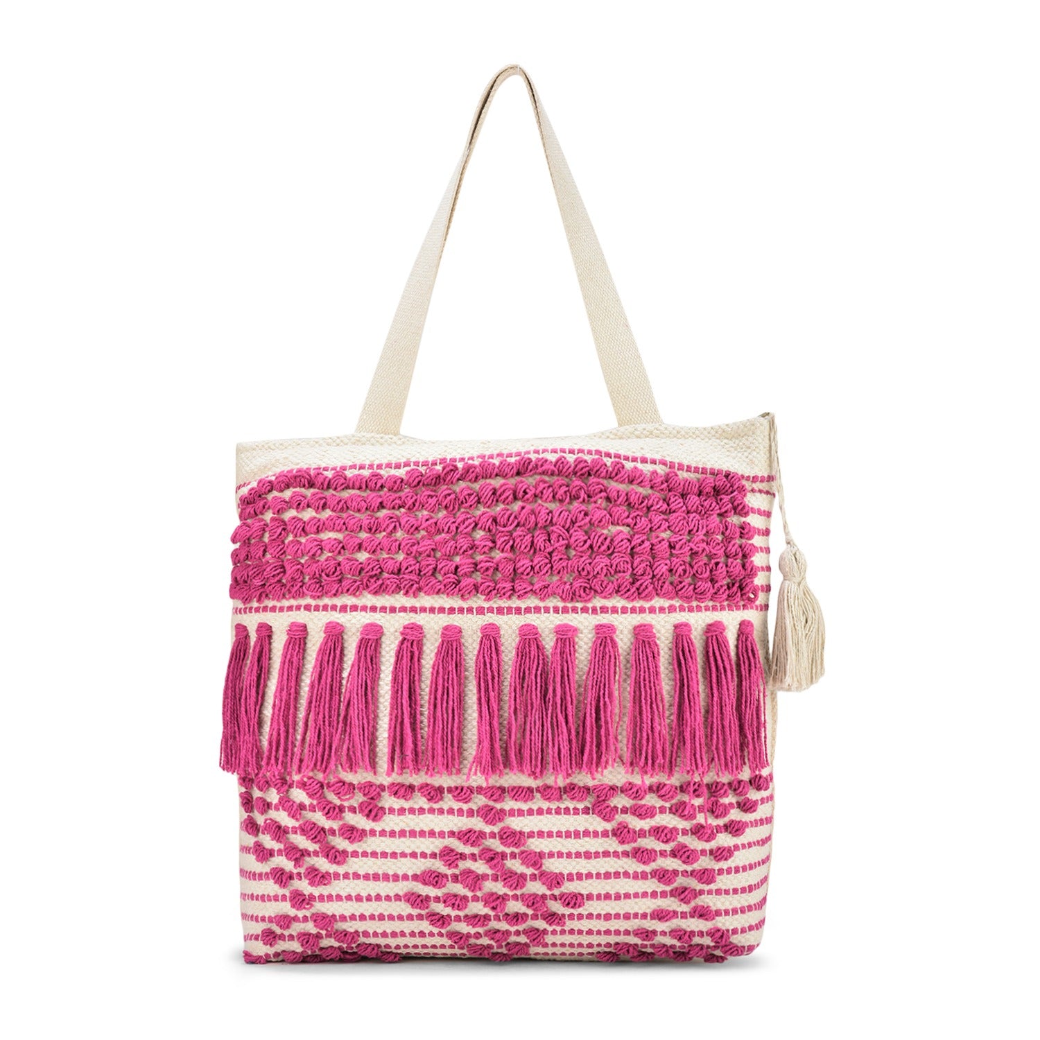 Boho Cotton Canvas Tote Bag with Pink Fringe Tassel Design, Cotton Beach Bag with Zip Closure, Cream and Pink